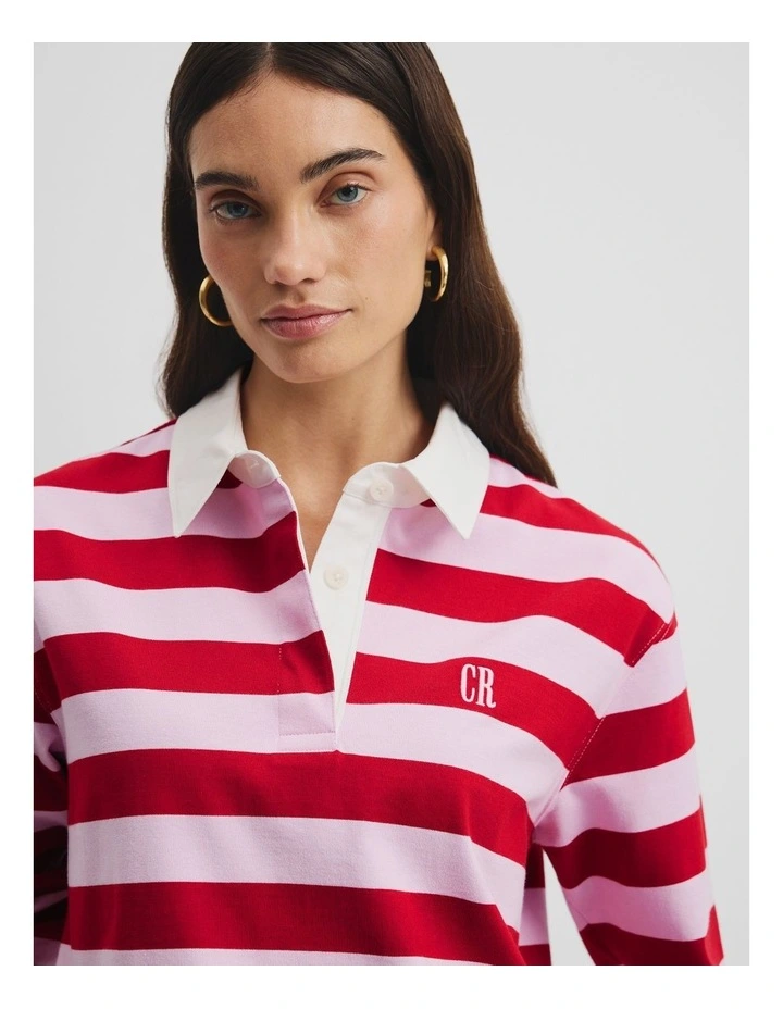Australian Cotton Stripe Rugby Polo Sweat in Floss And Red Stripe image 2