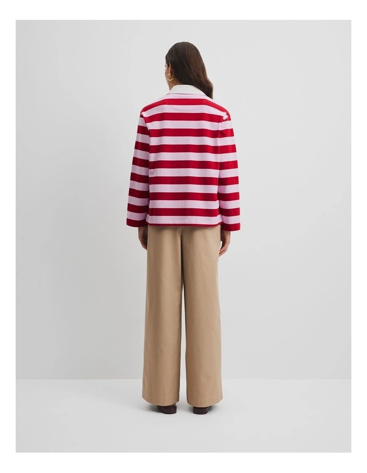 Australian Cotton Stripe Rugby Polo Sweat in Floss And Red Stripe image 4