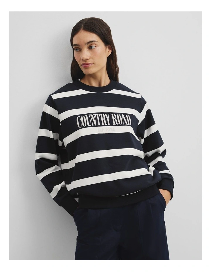 Australian Cotton Stripe Heritage Sweat in Navy Stripe image 1