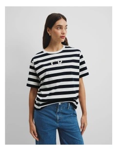 Australian Cotton Stripe Cr Logo T-shirt in Navy Stripe