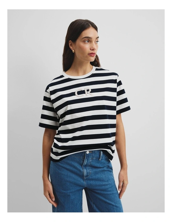 Australian Cotton Stripe Cr Logo T-shirt in Navy Stripe image 1