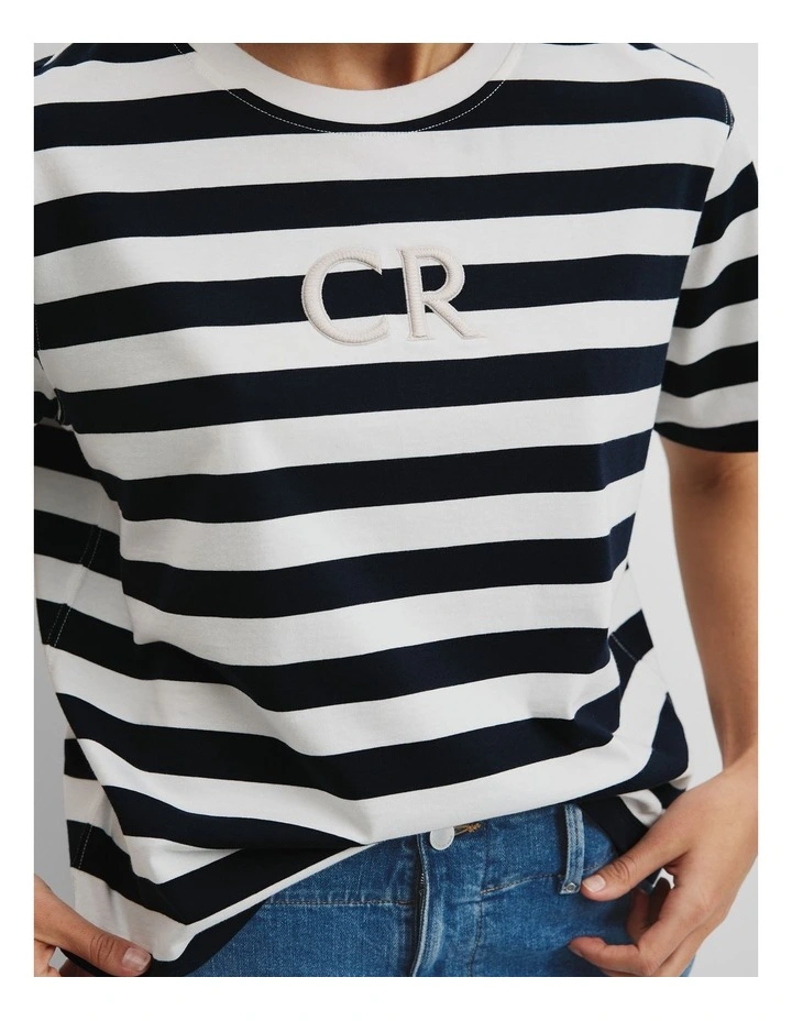 Australian Cotton Stripe Cr Logo T-shirt in Navy Stripe image 2