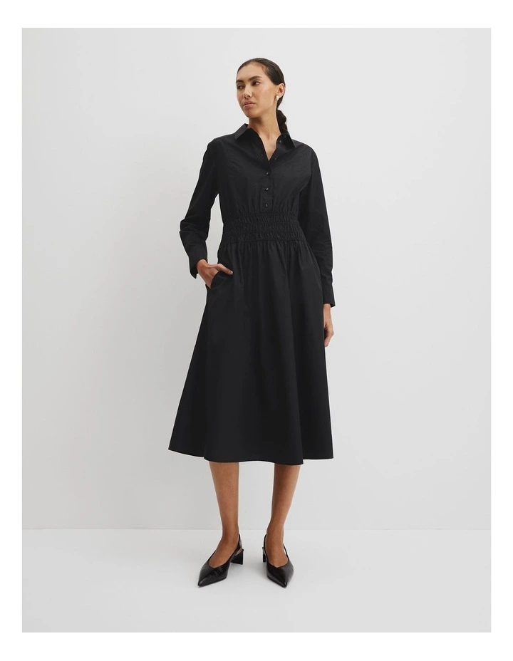 Australian Cotton Shirred Waist Shirt Dress in Black image 1