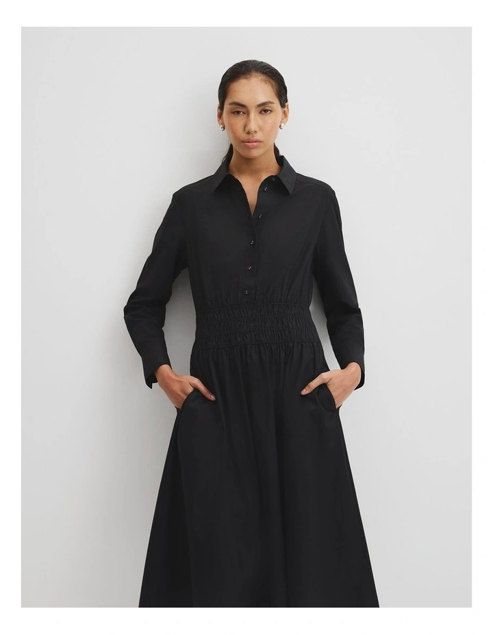 Australian Cotton Shirred Waist Shirt Dress in Black image 2