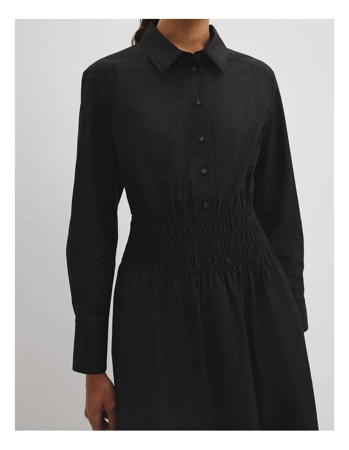 Australian Cotton Shirred Waist Shirt Dress in Black image 3