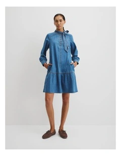 Soft Denim Smock Dress in Mid Blue Wash