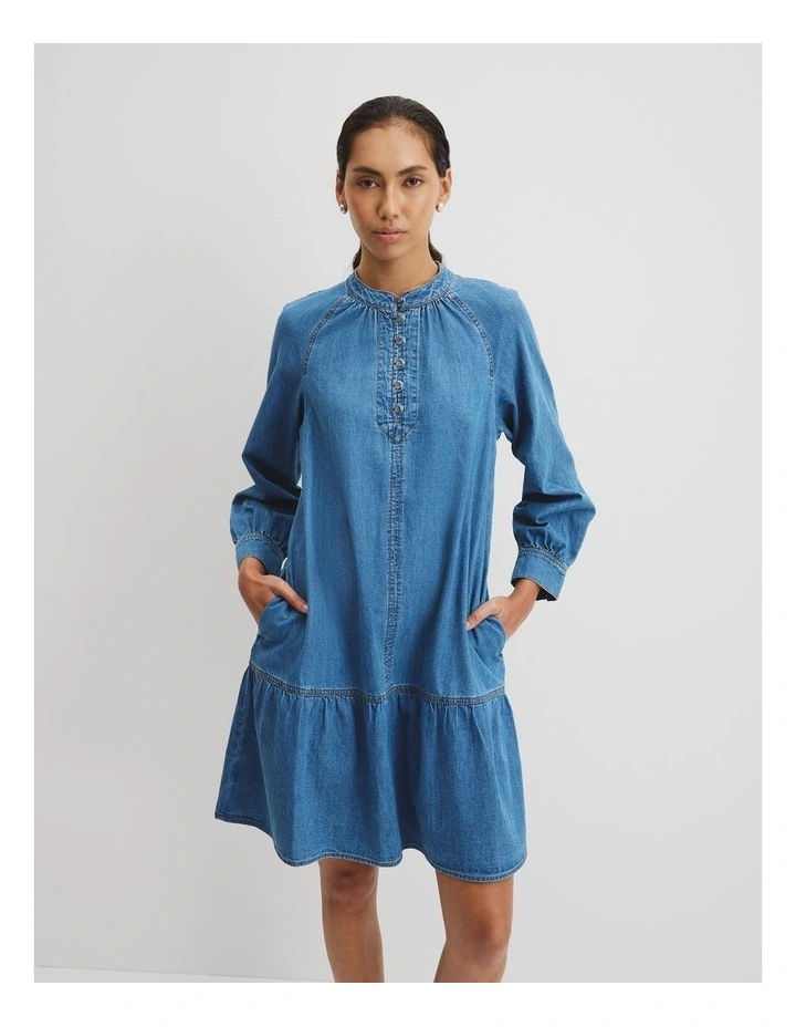 Soft Denim Smock Dress in Mid Blue Wash image 3