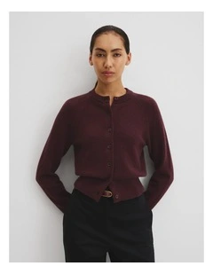 Cotton Cashmere Crew Neck Cardigan in Plum
