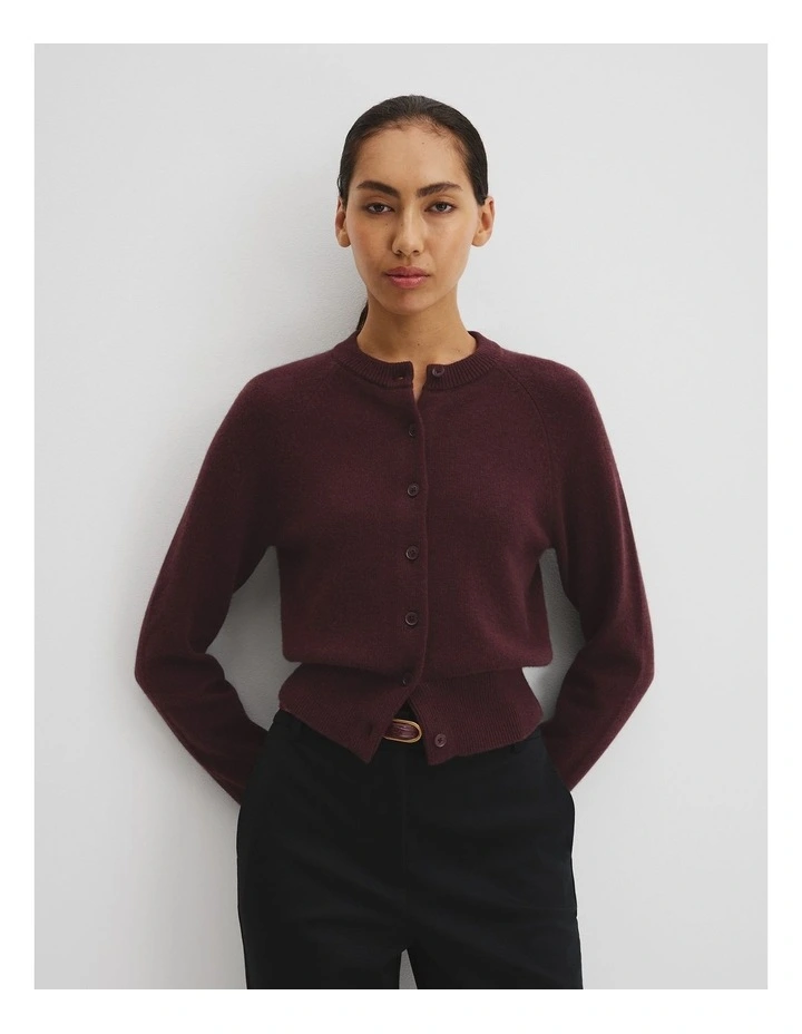 Cotton Cashmere Crew Neck Cardigan in Plum image 1