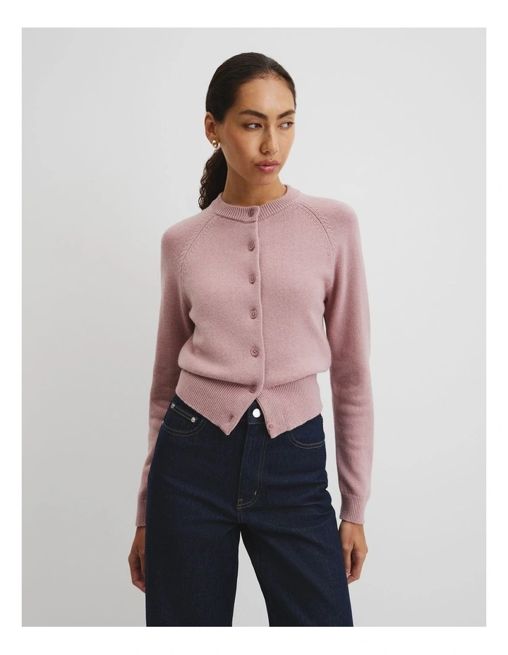Cotton Cashmere Crew Neck Cardigan in Geranium image 3
