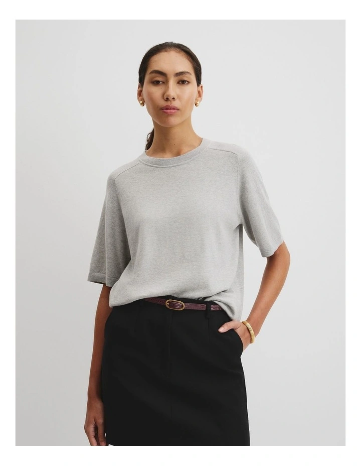 Cotton Cashmere Blend T-shirt in Light Grey Marle image 3