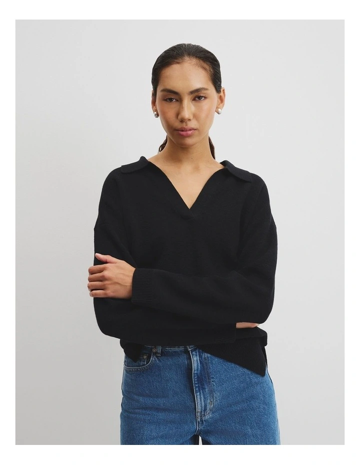 Organically Grown Cotton Linen Blend Long Sleeve Knit Jumper in Black image 3