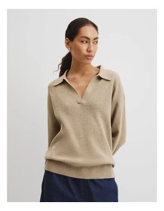 Organically Grown Cotton Linen Blend Long Sleeve Knit Jumper in Almond