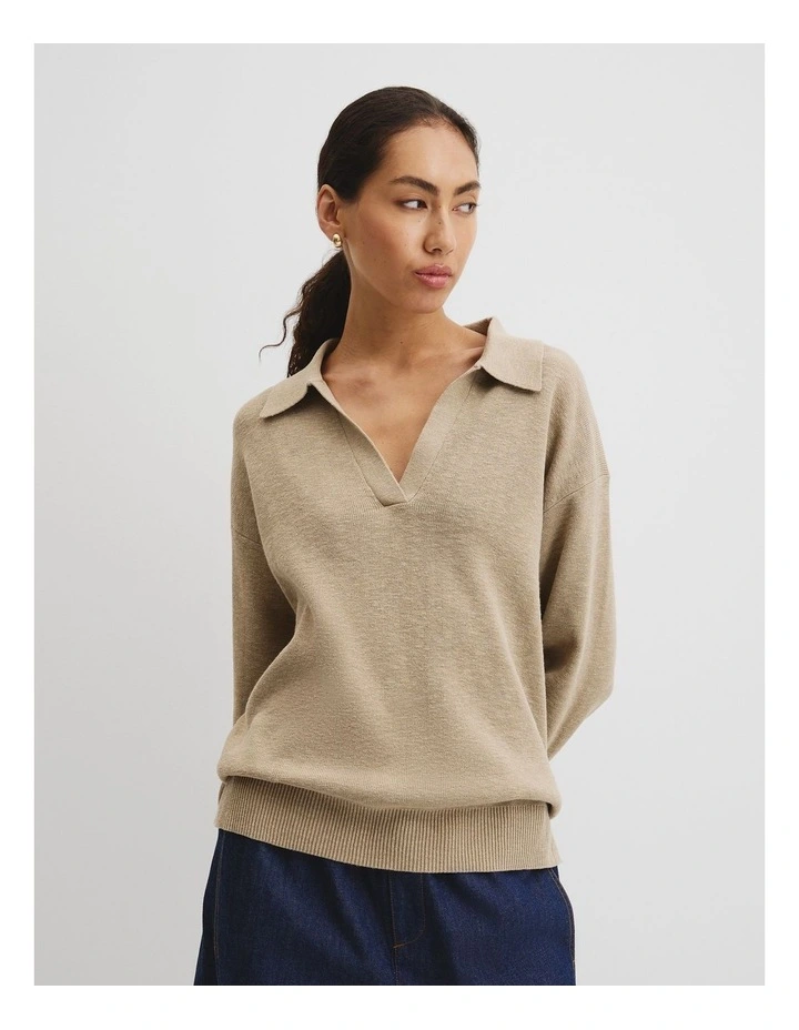 Organically Grown Cotton Linen Blend Long Sleeve Knit Jumper in Almond image 1