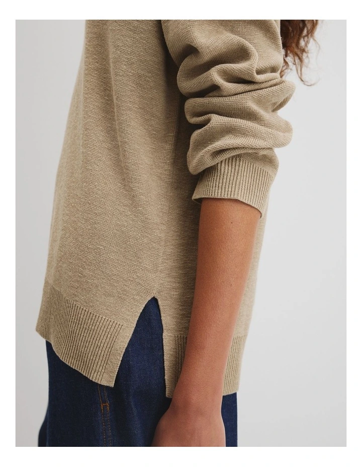 Organically Grown Cotton Linen Blend Long Sleeve Knit Jumper in Almond image 2