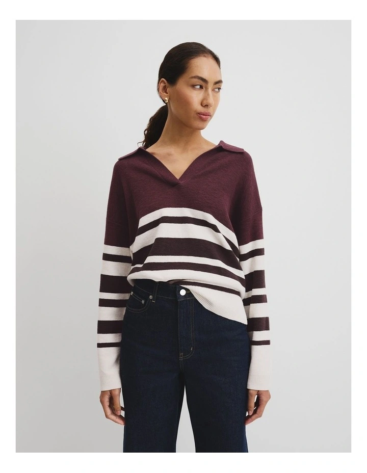 Organically Grown Cotton Linen Blend Long Sleeve Stripe Knit Jumper in Cocoa Bean Stripe image 1
