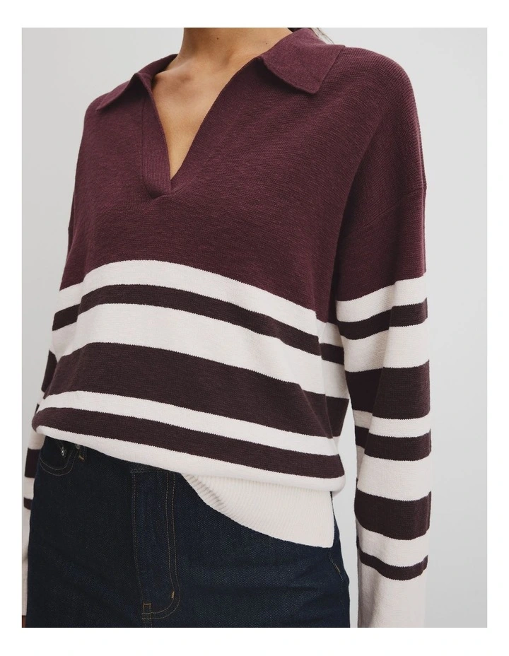 Organically Grown Cotton Linen Blend Long Sleeve Stripe Knit Jumper in Cocoa Bean Stripe image 2