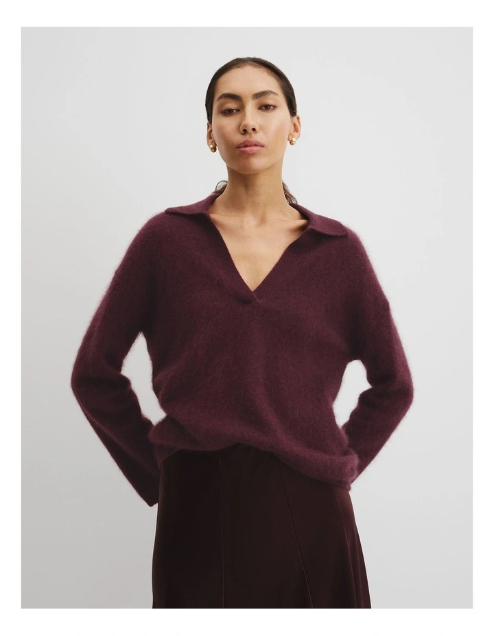 Fluffy Collared Knit Jumper in Plum image 3