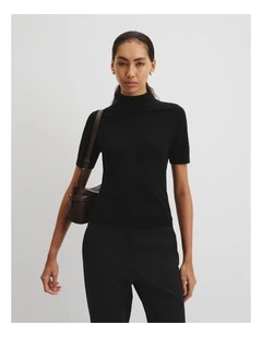 Short Sleeve Wool Silk Knit Jumper in Black