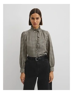 Check Long Sleeve Ruffle Shirt in Neutral Check