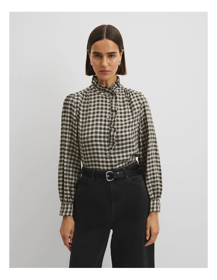 Check Long Sleeve Ruffle Shirt in Neutral Check image 1
