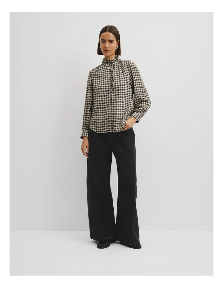 Check Long Sleeve Ruffle Shirt in Neutral Check image 2