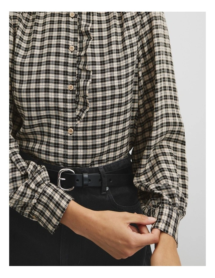 Check Long Sleeve Ruffle Shirt in Neutral Check image 3