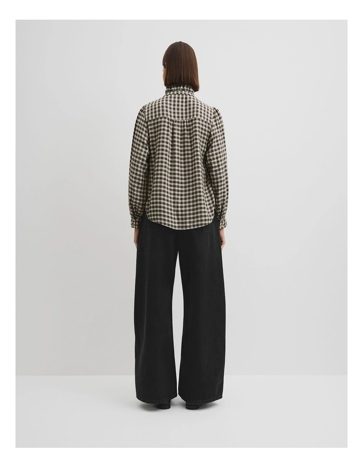 Check Long Sleeve Ruffle Shirt in Neutral Check image 4
