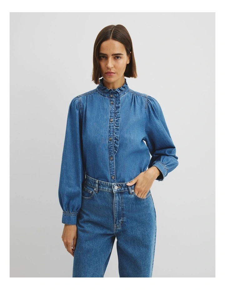 Denim Long Sleeve Ruffle Sh in Mid Blue Wash image 1