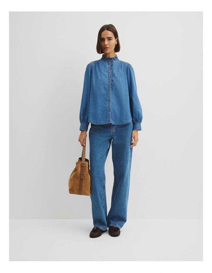 Denim Long Sleeve Ruffle Sh in Mid Blue Wash image 2