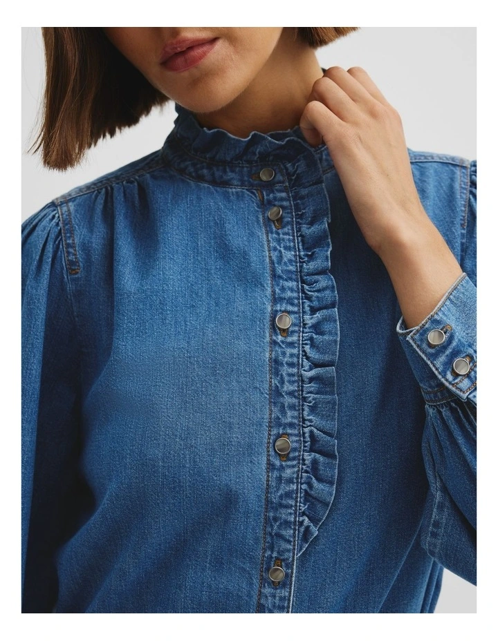 Denim Long Sleeve Ruffle Sh in Mid Blue Wash image 3