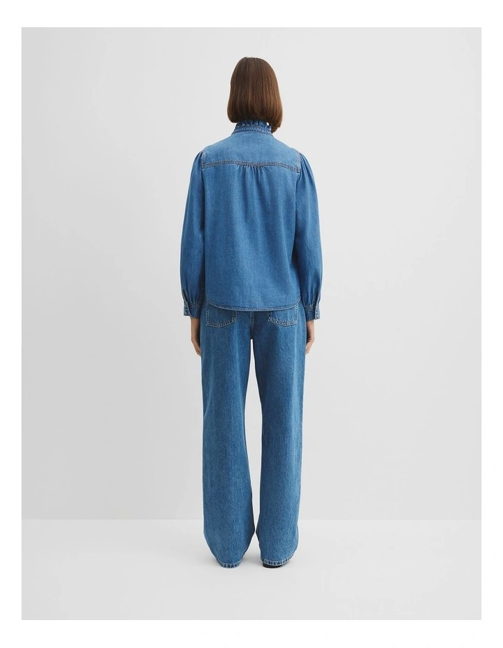 Denim Long Sleeve Ruffle Sh in Mid Blue Wash image 4