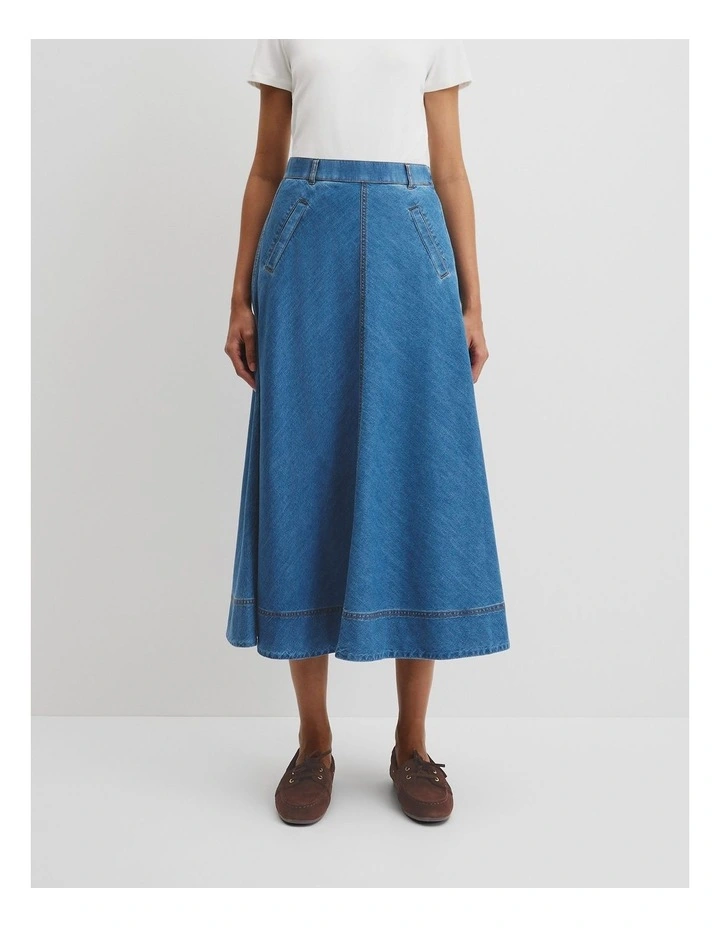 Lightweight Denim Midi Skirt in Mid Blue Wash image 1