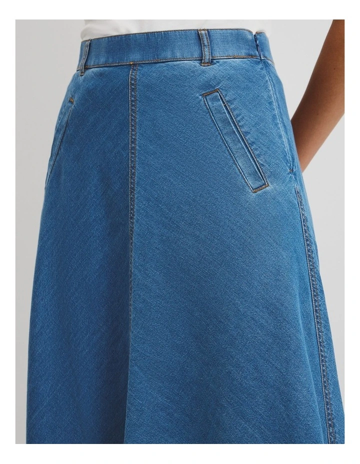 Lightweight Denim Midi Skirt in Mid Blue Wash image 3