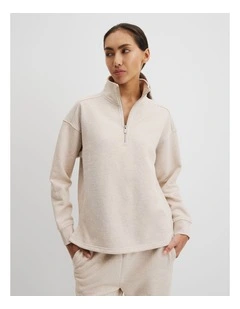 Australian Good Earth Cotton Zip Neck Sweat Top in Nougat Marle