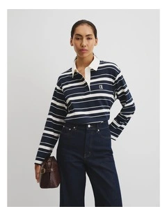 Australian Cotton Stripe Rugby Polo Sweat in Navy