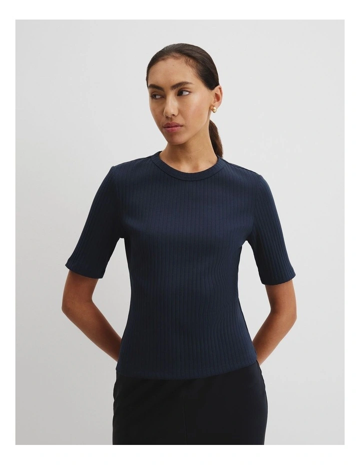 Australian Cotton Blend Short Sleeve Fitted T-shirt in Navy image 1