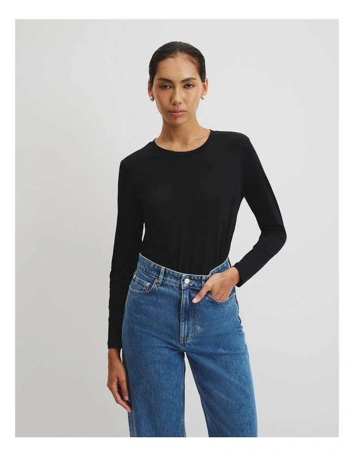 Australian Good Earth Cotton Textured Slub Long Sleeve T-shirt in Black image 1