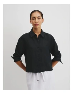 Australian Good Earth Cotton Textured Slub Long Sleeve T-shirt in Black