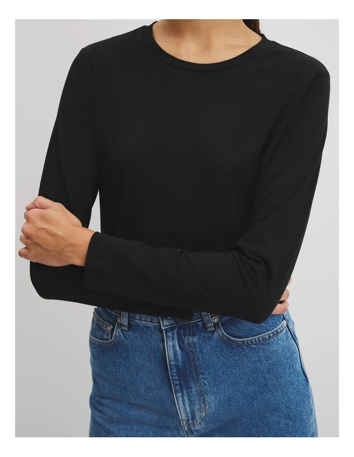 Australian Good Earth Cotton Textured Slub Long Sleeve T-shirt in Black image 2
