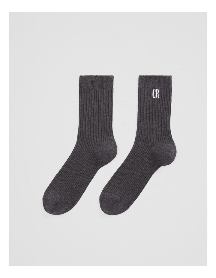 Australian Cotton Blend Cr Ribbed Three Quarter Crew Sock in Charcoal Marle image 1