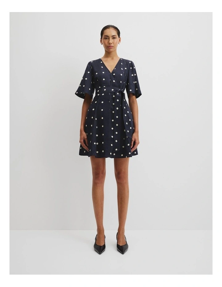 Print Panelled Mini Dress in Navy Spot image 1