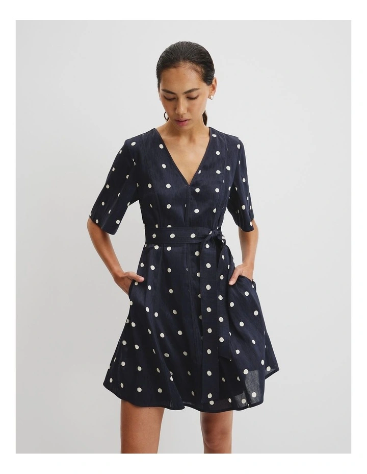 Print Panelled Mini Dress in Navy Spot image 3