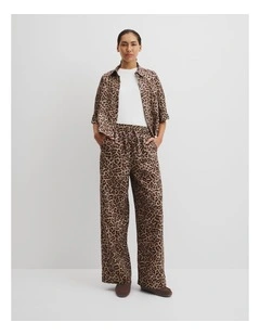 Organically Grown Linen Print Tie Detail Linen Pintuck Pant in Leopard