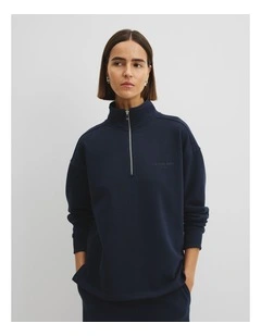 Australian Good Earth Cotton Zip Neck Sweat in Navy