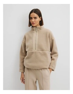 Recycled Polyester Fleece Half Zip Sweat in Stone Taupe