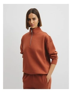 Australian Good Earth Cotton Draw Cord Zip Sweat in Redwood