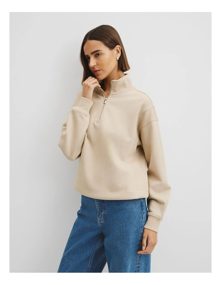 Australian Good Earth Cotton Draw Cord Zip Sweat in Stone Taupe image 1