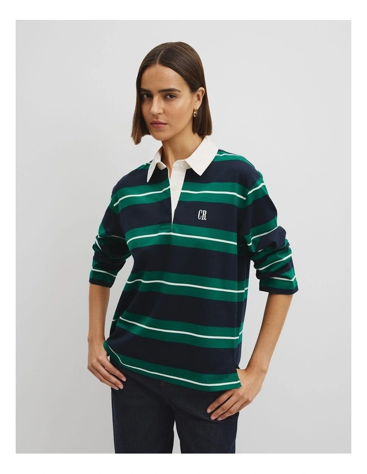 Australian Cotton Stripe Rugby Polo Sweat in Pine Stripe image 1