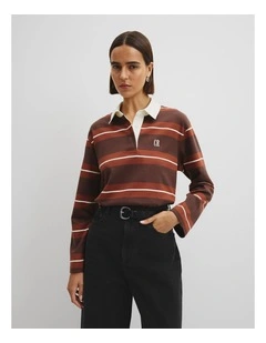 Australian Cotton Stripe Rugby Polo Sweat in Redwood Stripe